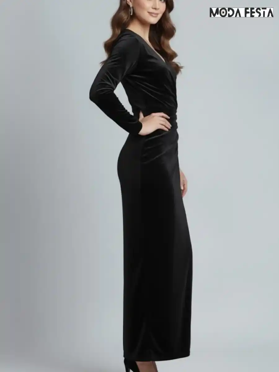 ModaFesta -stylish-ruched-slit-velvet-dress-black