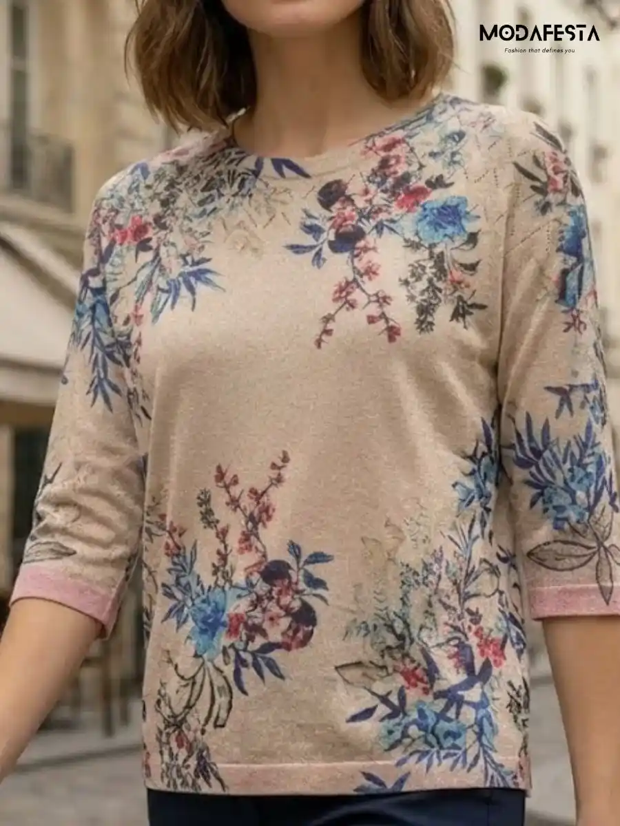 ModaFesta -elegant-shiney-floral-graphic-print-top-1-beige