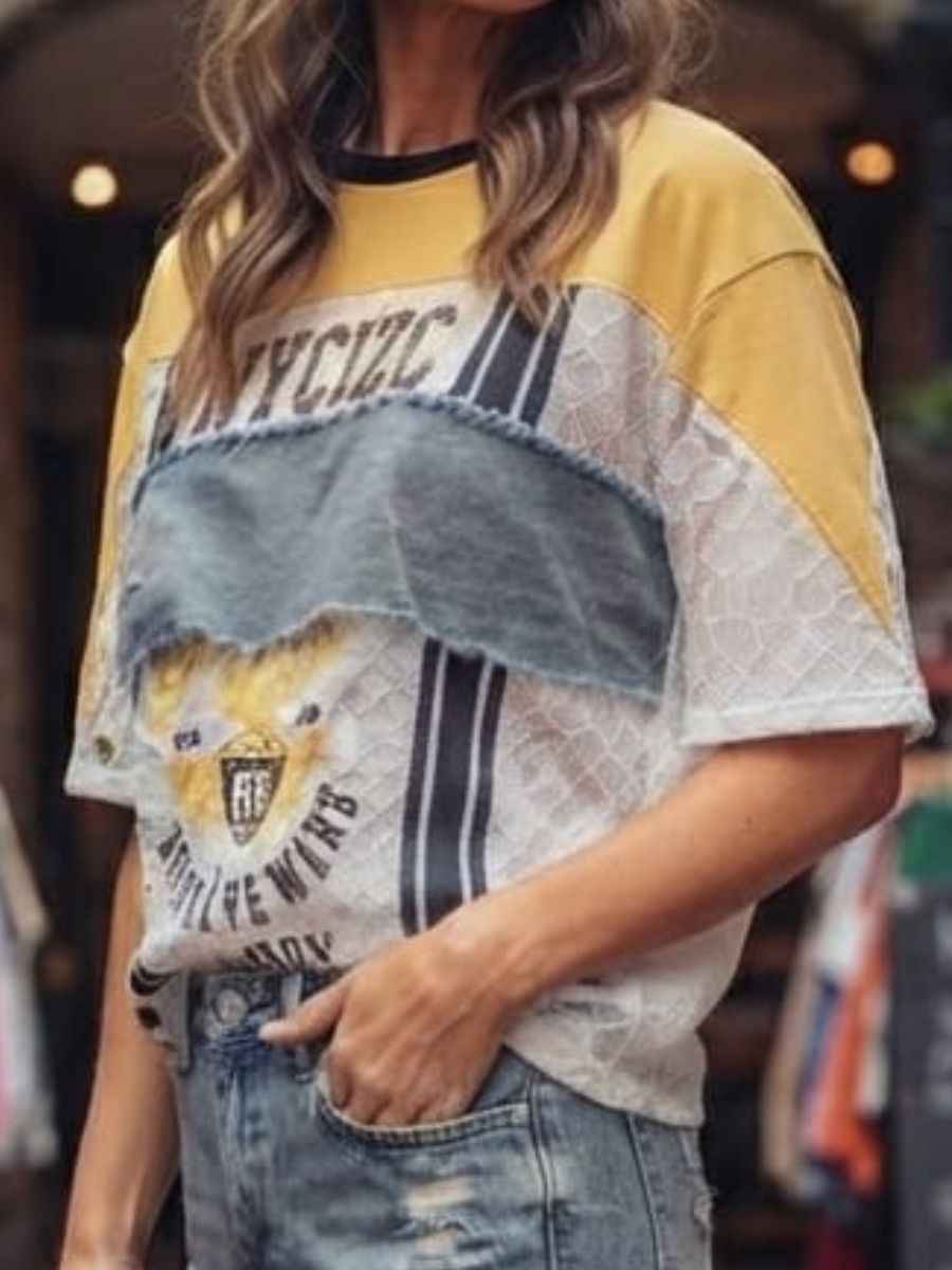 ModaFesta -yellow-patchwork-graphic-lace-denim-t-shirt