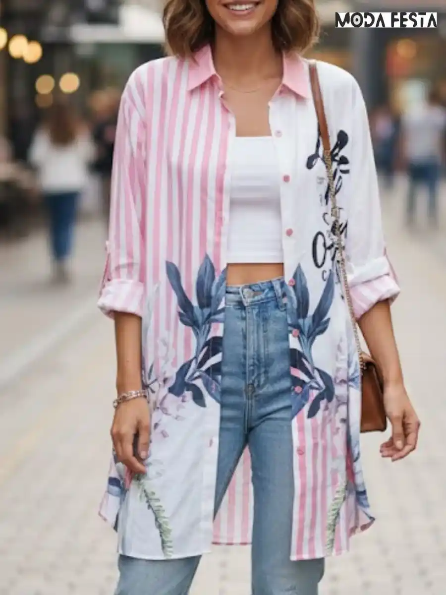 Elegant Floral Striped Long Shirt