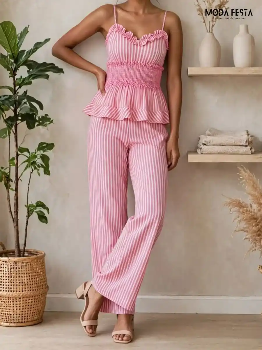 ModaFesta -peplum-top-striped-coord-set-peach