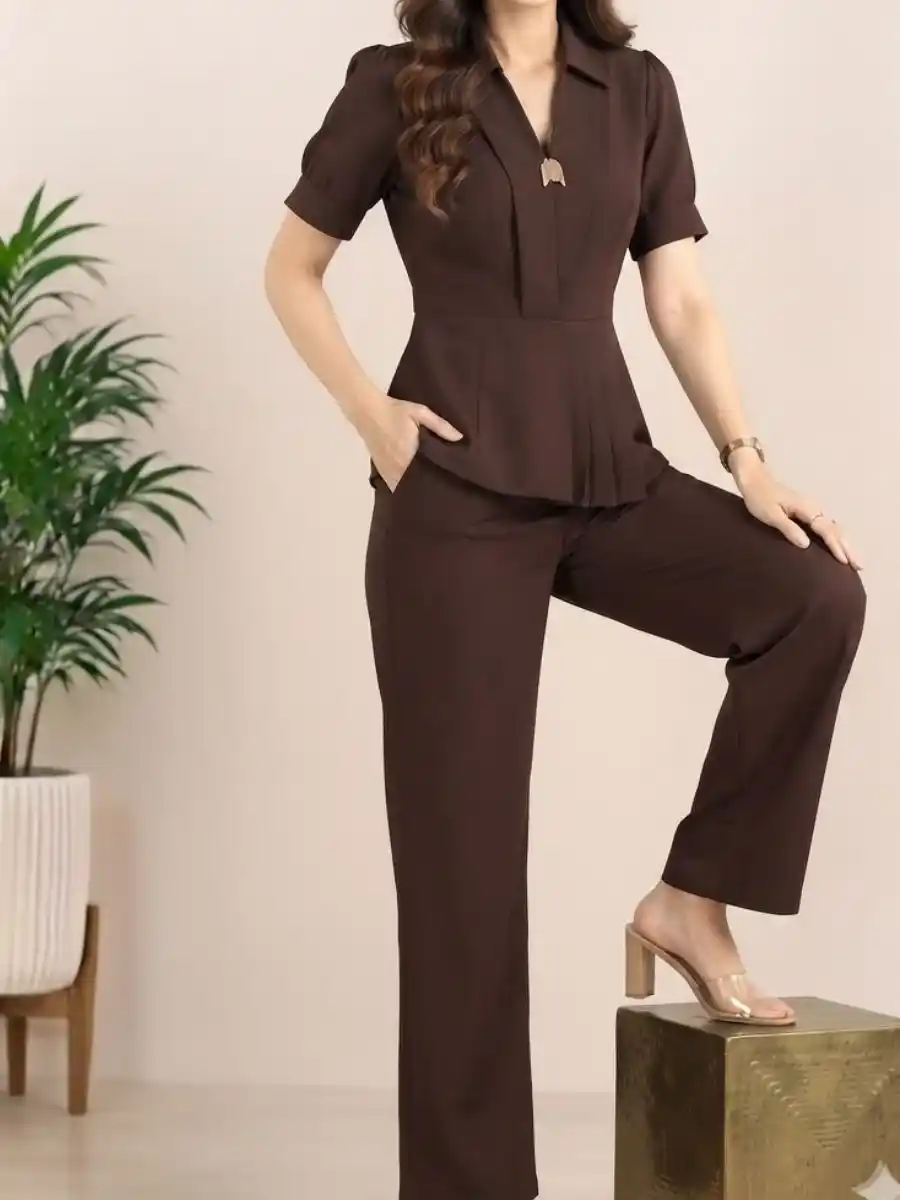 ModaFesta -elegant-solid-brown-pleated-peplum-coord-set