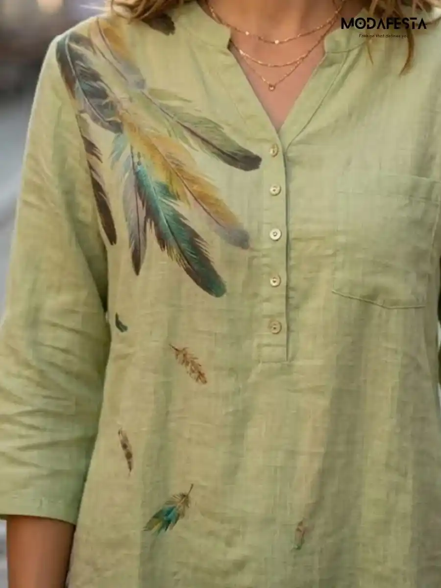 ModaFesta -elegant-linen-top-feather-print-green