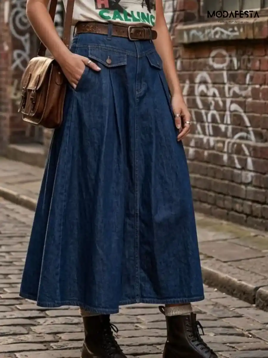 ModaFesta -elegant-poket-style-flair-skirt-navy-blue