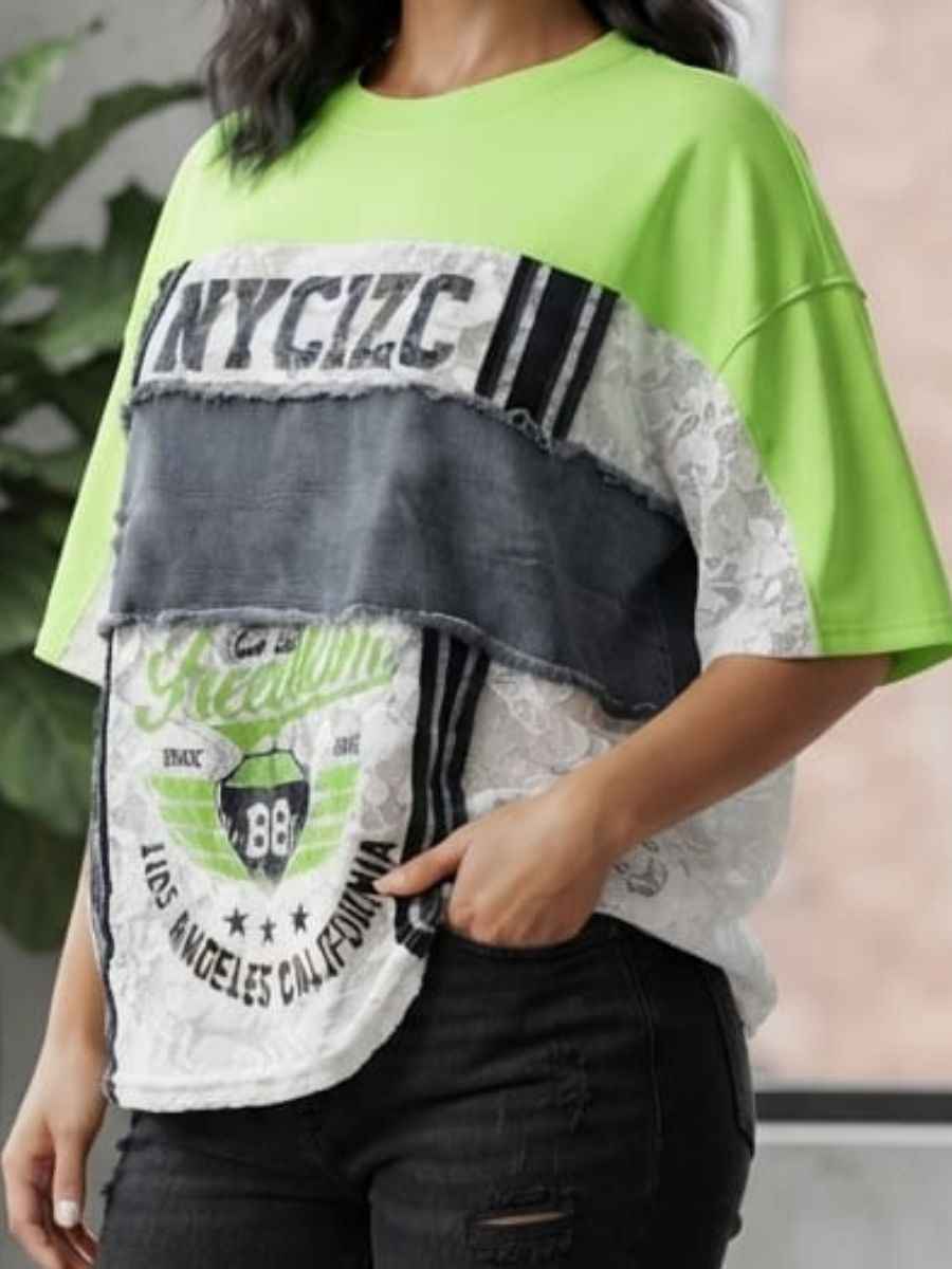 ModaFesta -green-patchwork-graphic-lace-denim-t-shirt