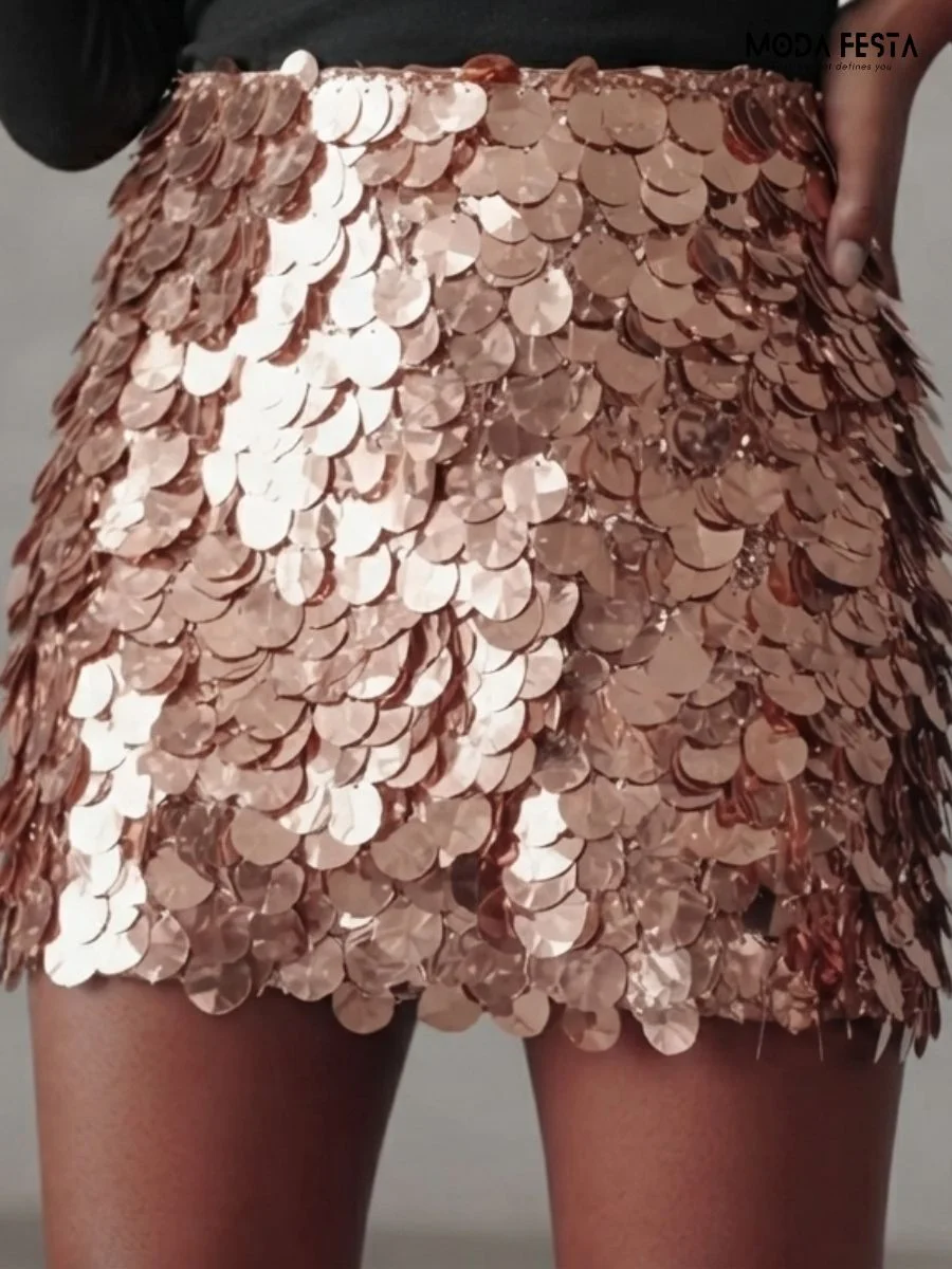 ModaFesta -rose-gold-sequin-embellished-mini-skirt