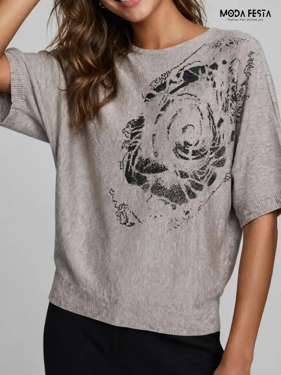 Grey Printed Knit Top