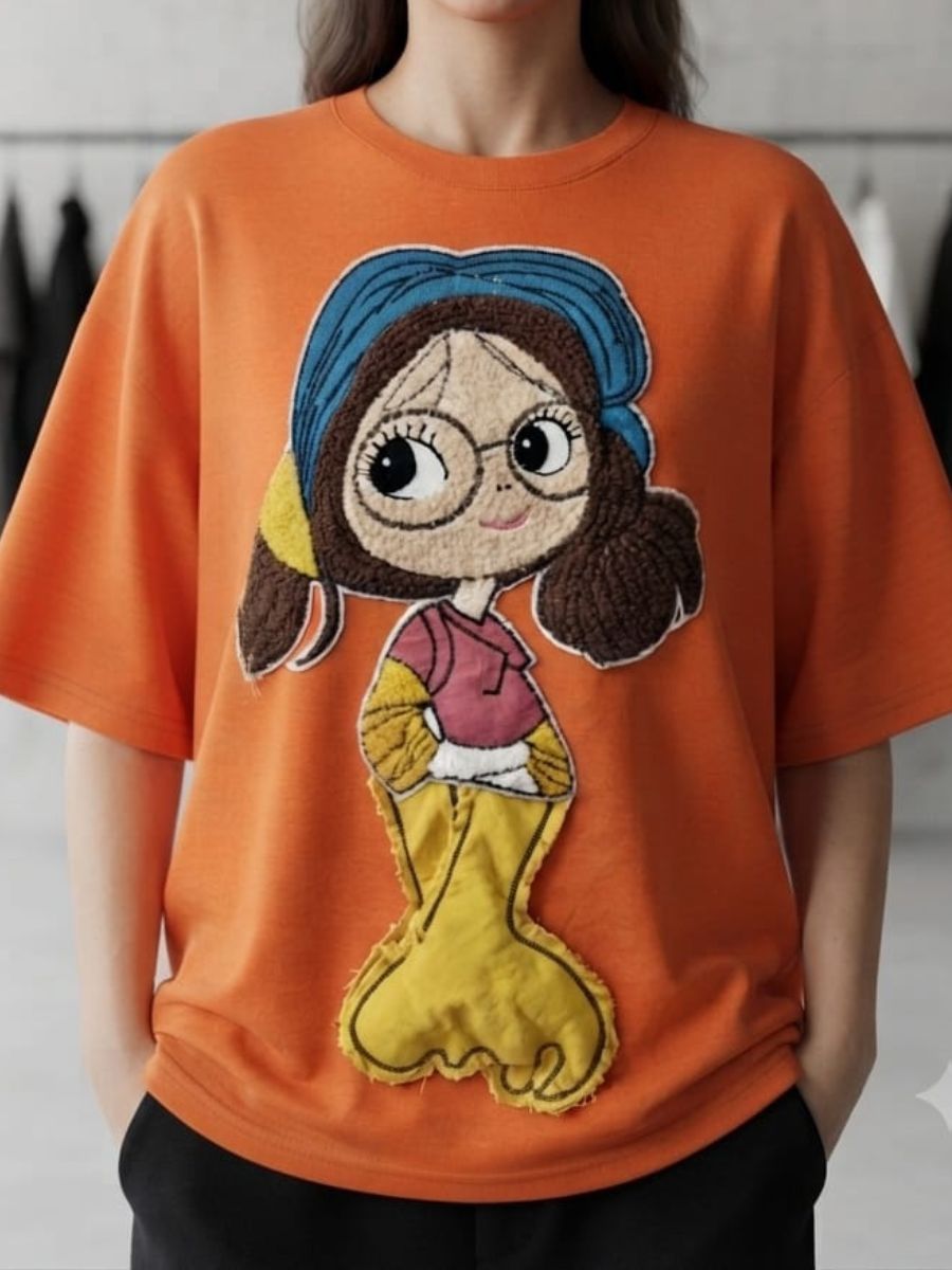 Womens Oversized Cartoon Patch Graphic T-Shirt