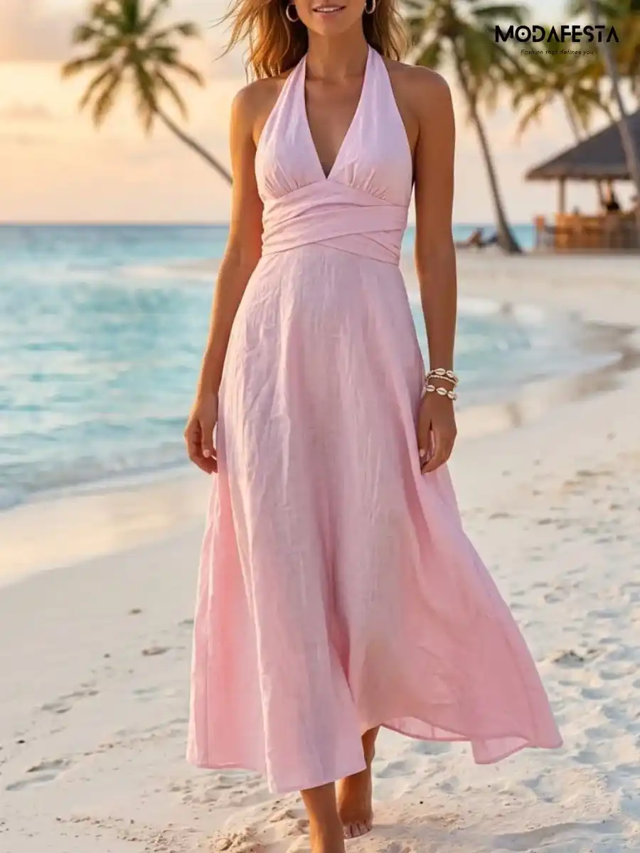 Elegant Cotton Halter Neck Maxi Dress