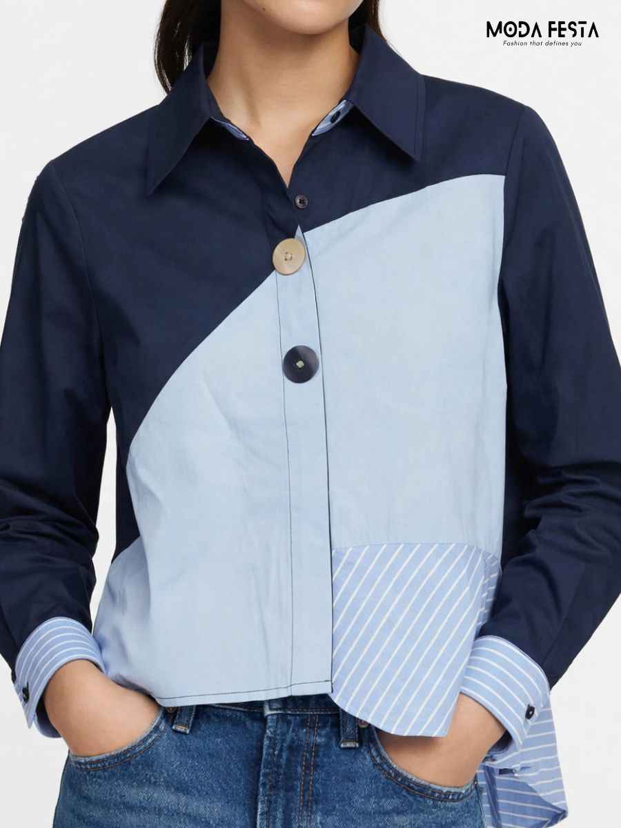 ModaFesta -navyblue-asymmetrical-colorblock-striped-patchwork-shirt