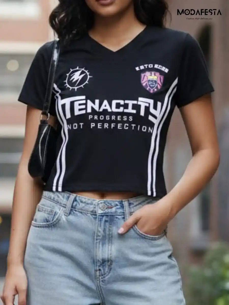 Elegant V-Neck Lettering Crop T-Shir