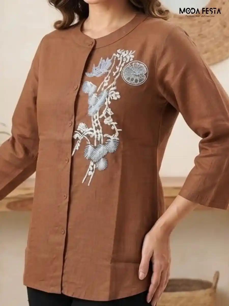 Brown Mandarin Collar Embroidered Button-Down Shirt