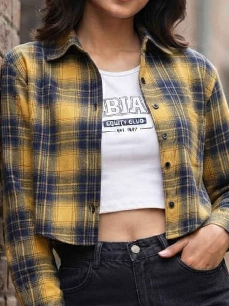 ModaFesta -equity-club-graphic-white-crop-top-yellow-plaid-jacket-set