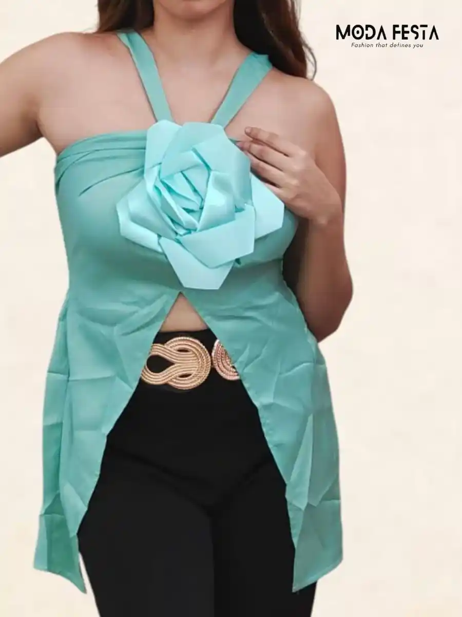 ModaFesta -floral-elegant-satin-party-top-green