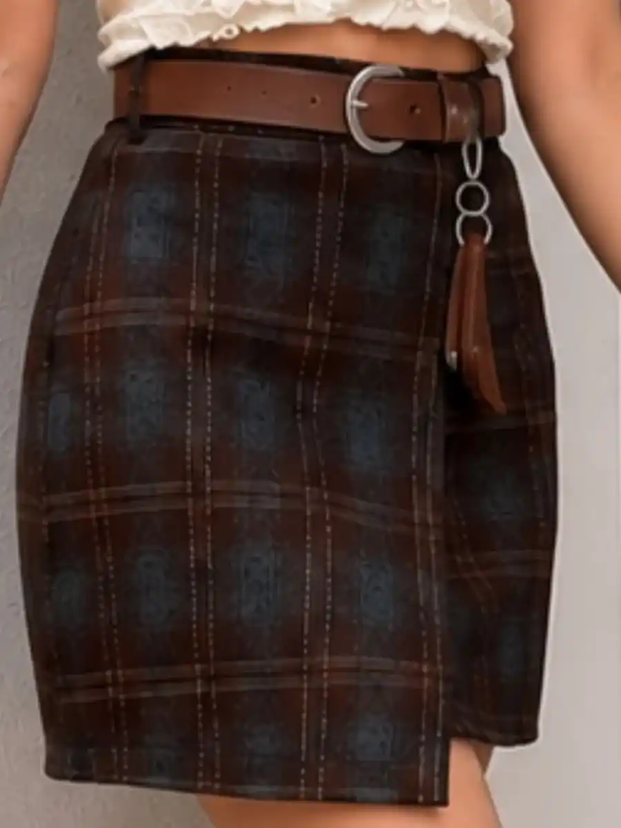 ModaFesta -brown-plaid-wrap-mini-skirt-with-belt