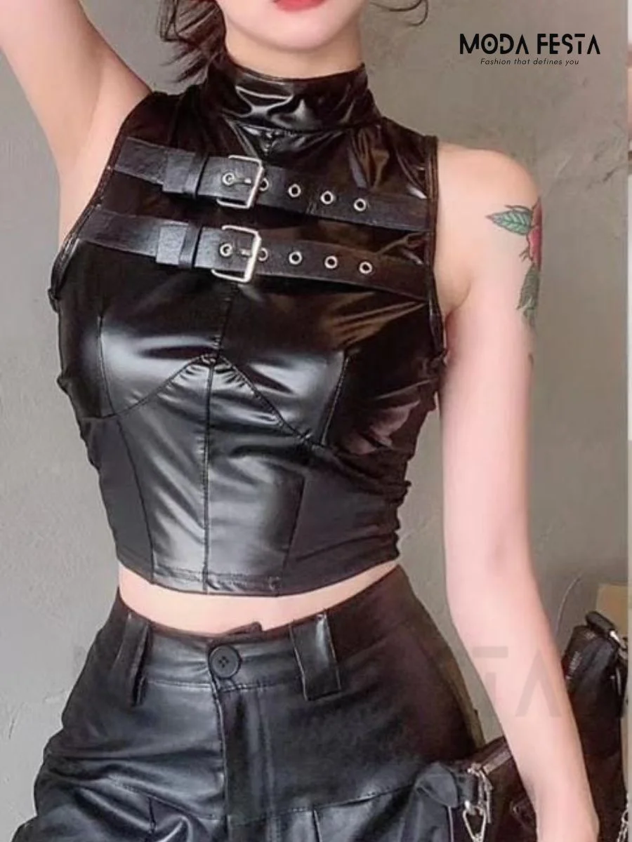 ModaFesta - black-leather-top-sleeveless