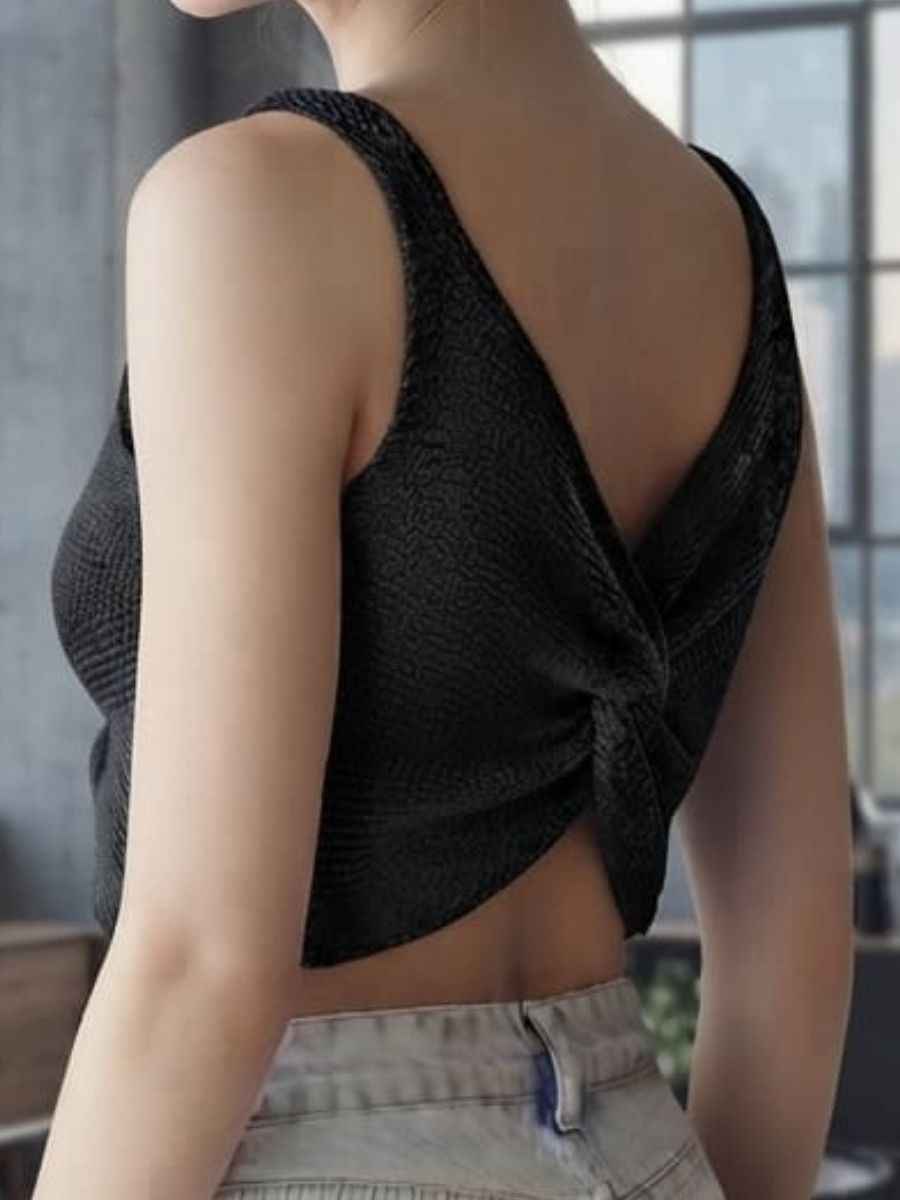ModaFesta -classic-black-ribbed-knit-twist-back-tank-top
