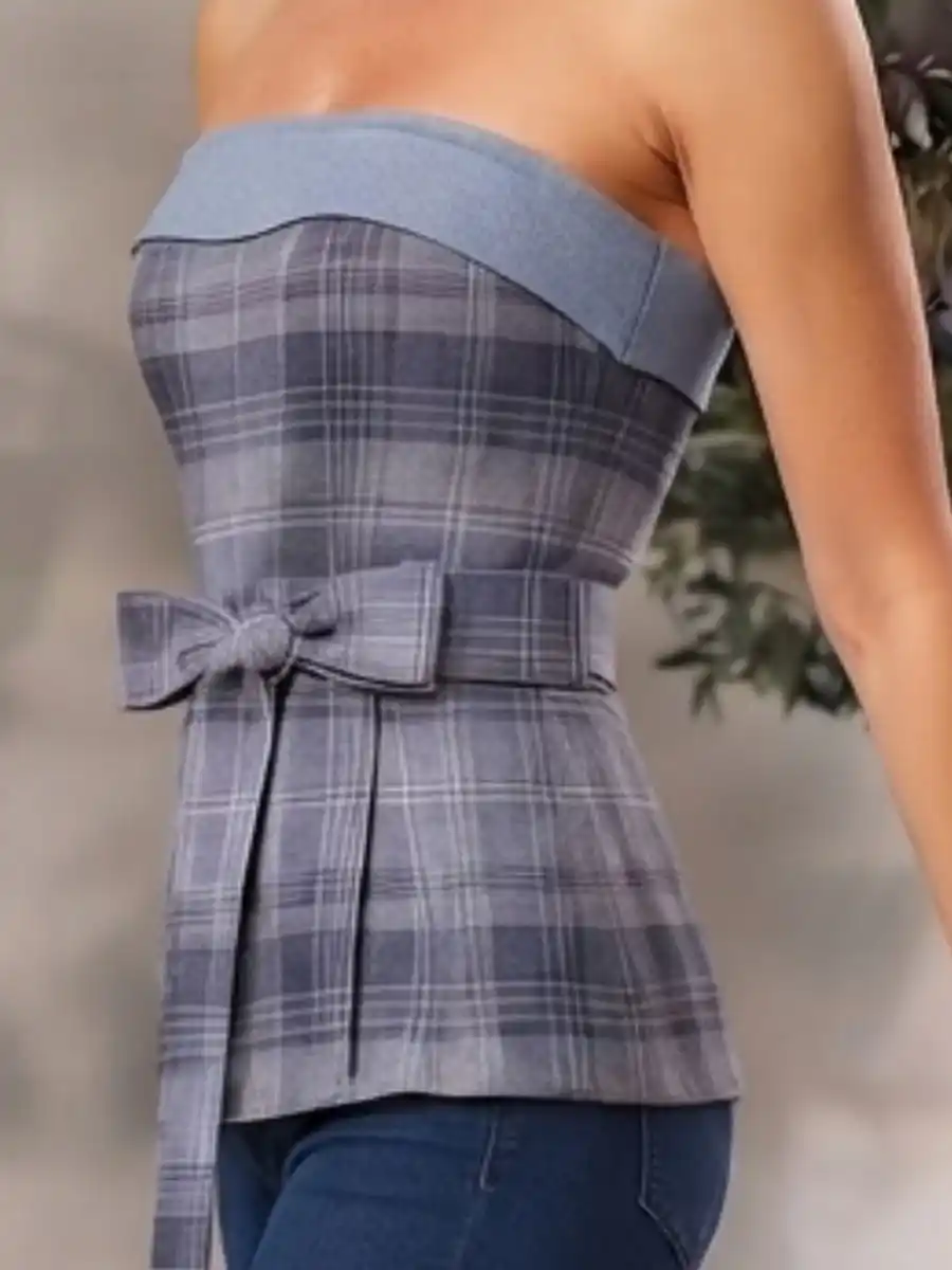 ModaFesta -blue-plaid-denim-trim-strapless-top