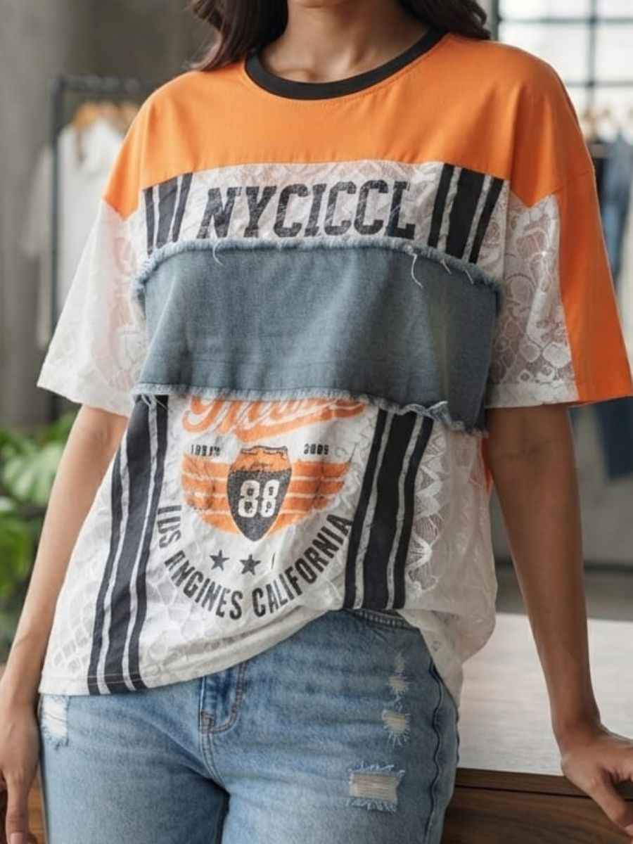 Patchwork Graphic T-Shirt with Lace and Denim Detail