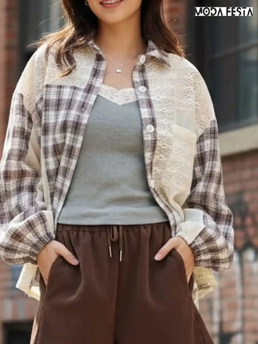 ModaFesta -elegant-checkered-patchwork-shirt-brown