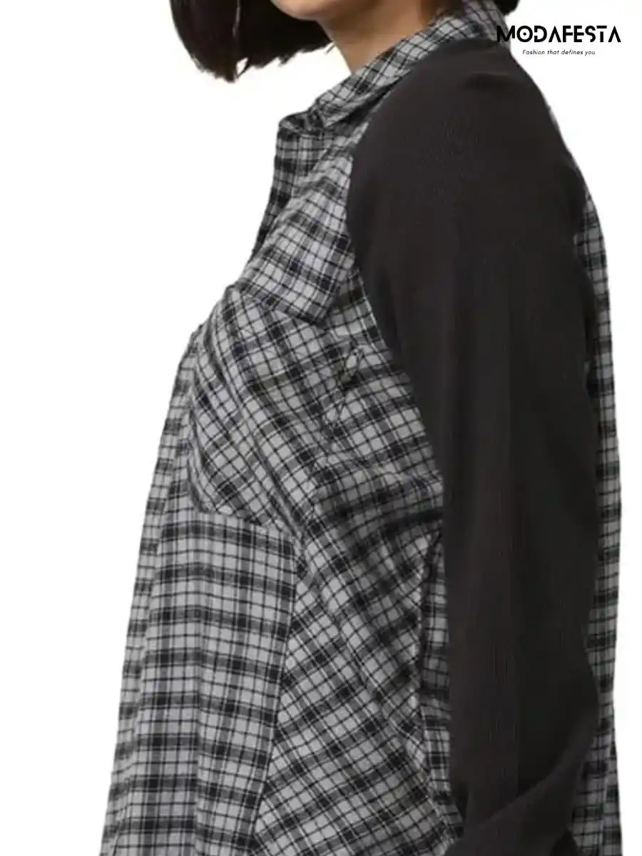 ModaFesta -elegant-chex-mixed-media-raglan-plaid-shirt-grey