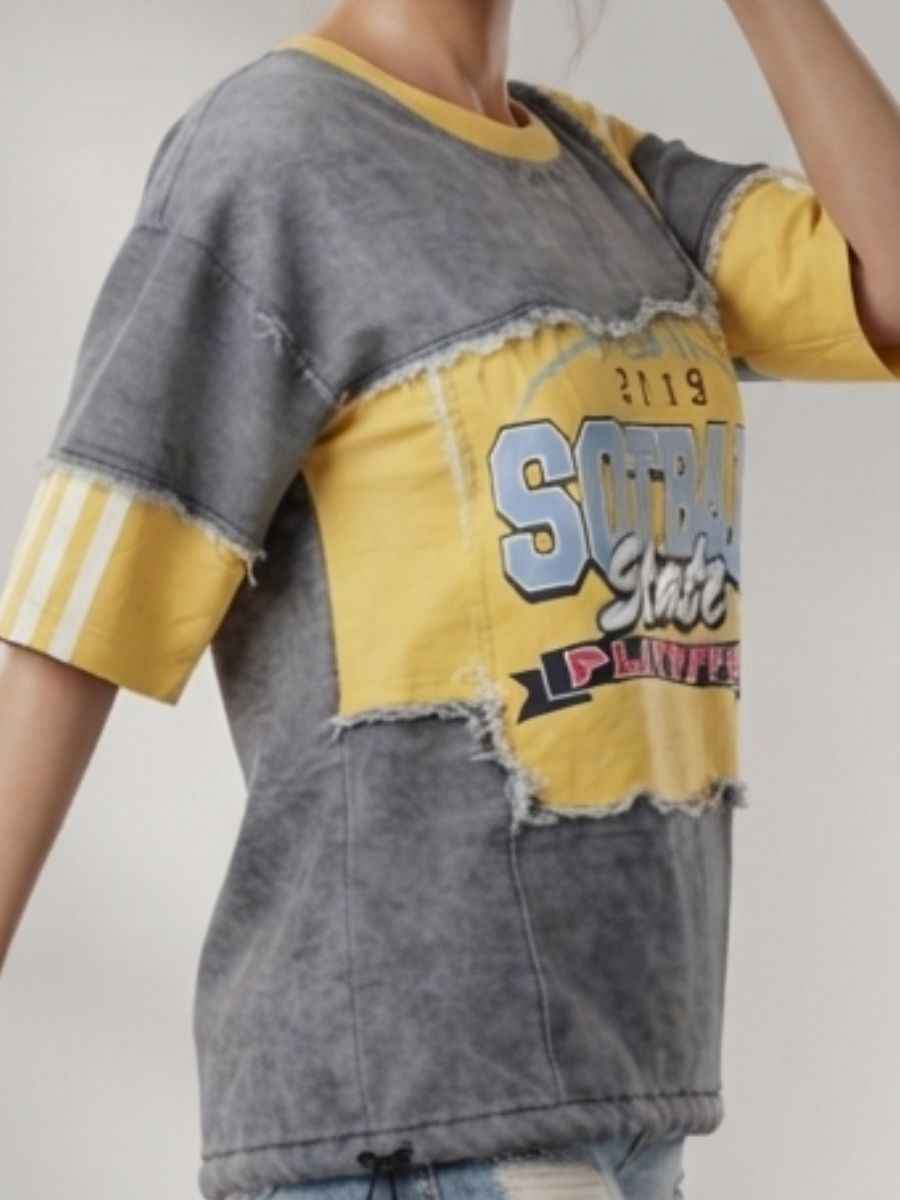 ModaFesta -yellow-grey-football-state-patchwork-oversized-t-shirt