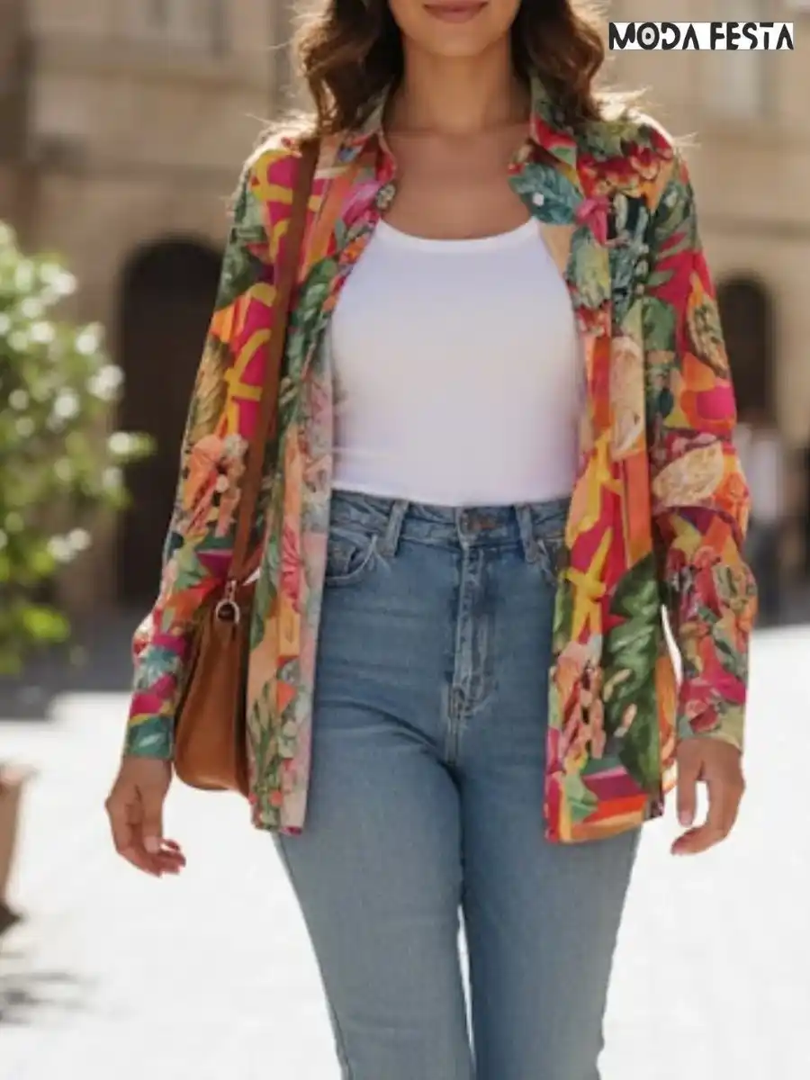 ModaFesta -elegant-floral-print-linen-shirt-orange