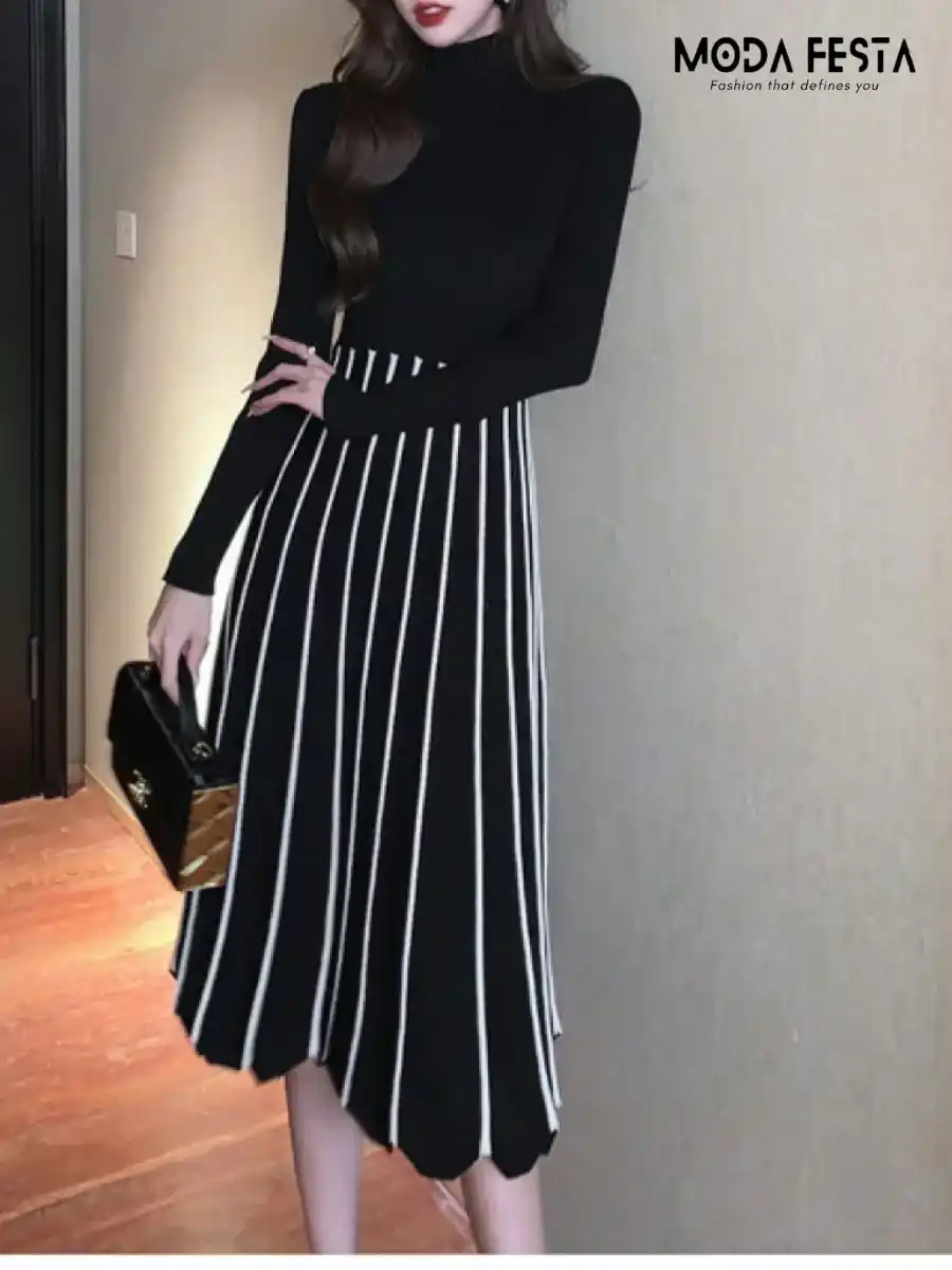 ModaFesta -elegant-stripe-high-neck-knitted-dress-black