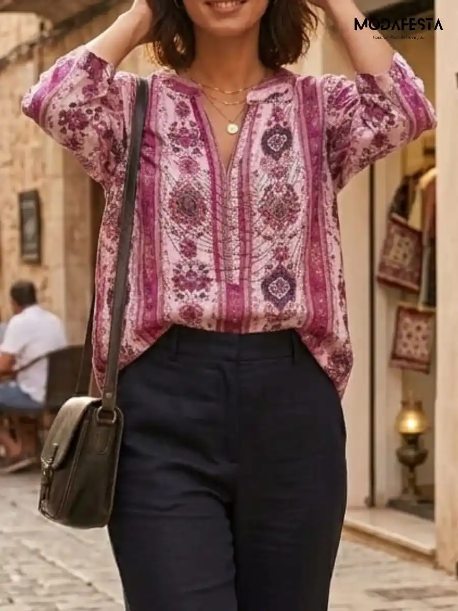 ModaFesta -elegant-floral-sequin-v-neck-top-pink