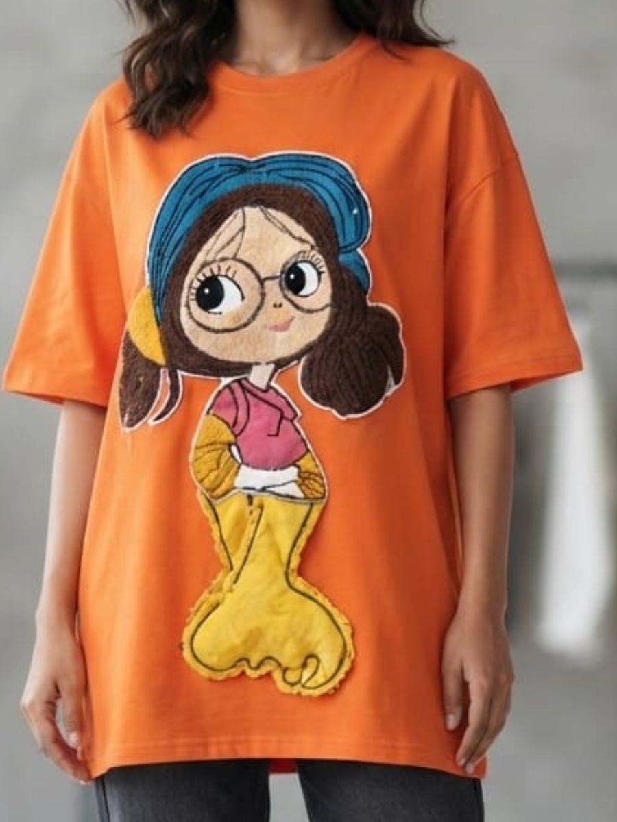 ModaFesta -womens-oversized-cartoon-patch-graphic-tshirt