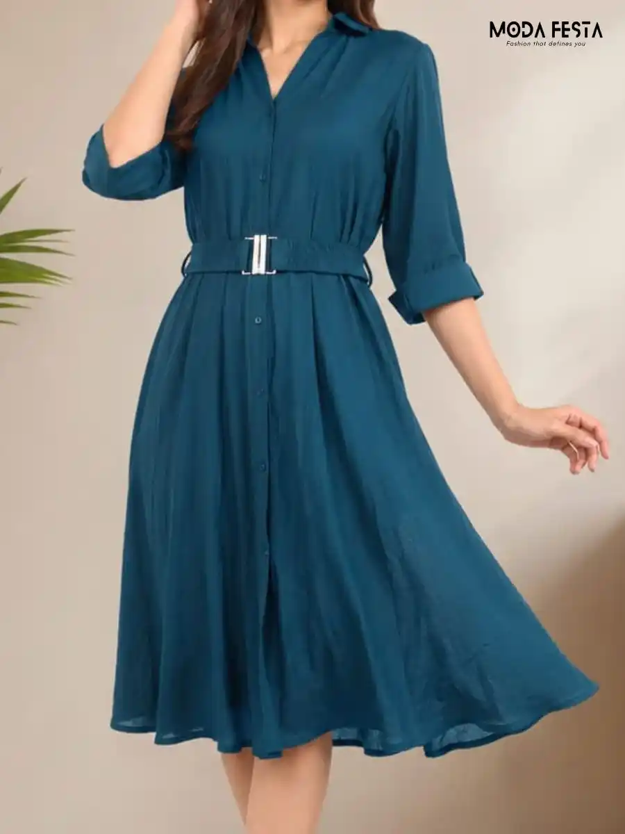 ModaFesta -teal-blue-solid-shirt-dress-with-belt