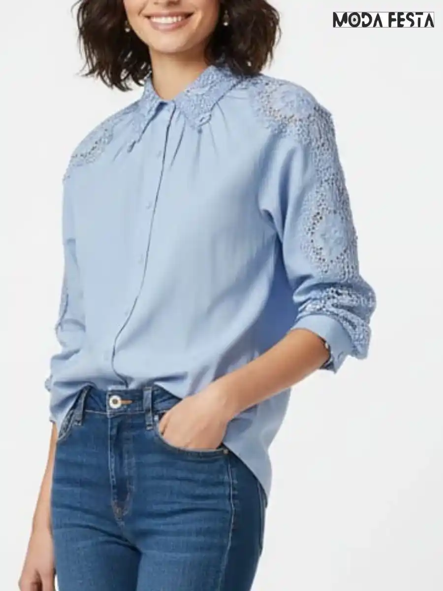ModaFesta -elegant-sleeve-cutwork-cotton-shirt-sky-blue