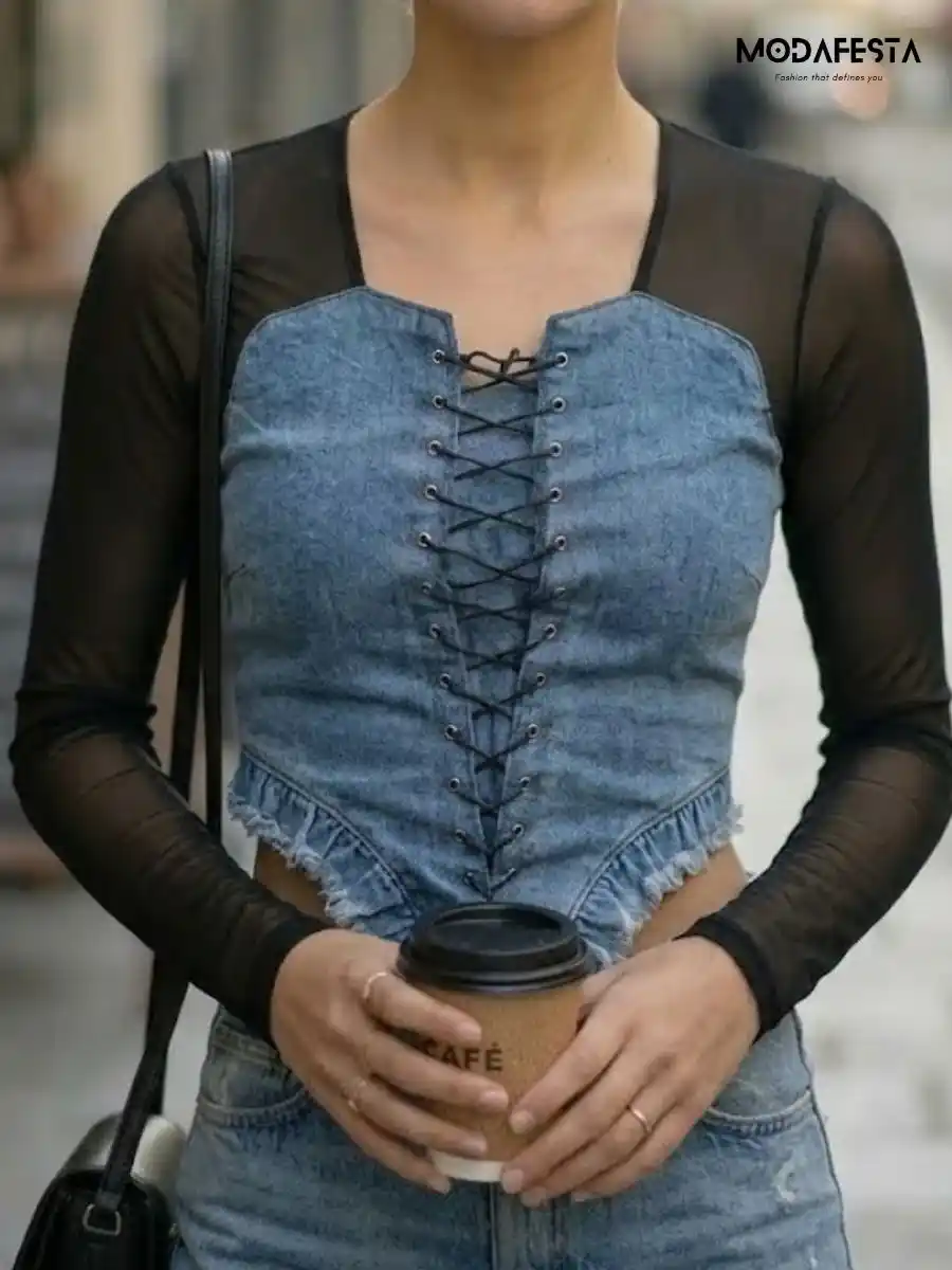 ModaFesta -lace-up-denim-corset-mesh-top-black