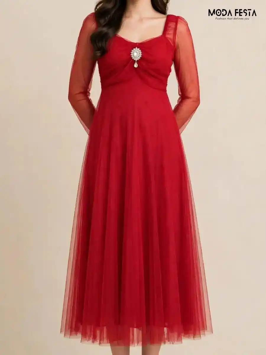 ModaFesta -red-sheer-net-midi-dress