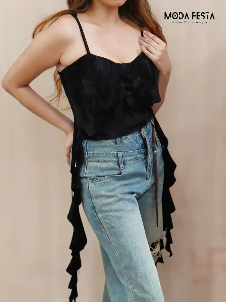 ModaFesta -asymmetric-frill-velvet-top-black