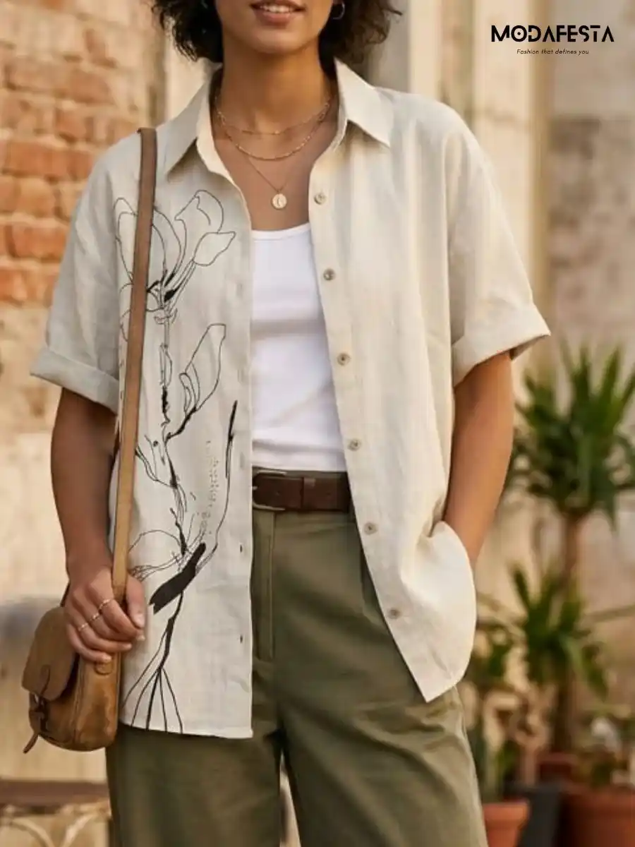 ModaFesta -classy-graphic-floral-long-linen-shirt-beige