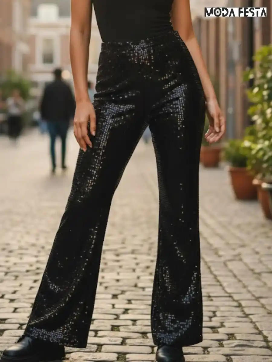 Stylish Black Sequin Flared Pants
