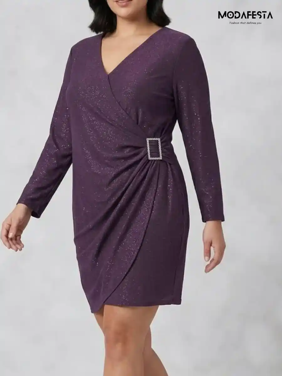 ModaFesta -elegant-v-neck-faux-wrap-party-dress-lavender