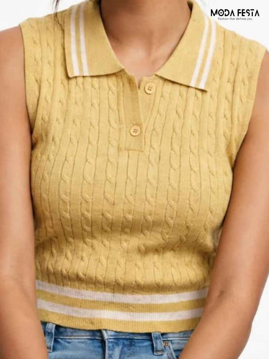 ModaFesta -mustard-yellow-white-striped-cable-knit-sleeveless-polo-top