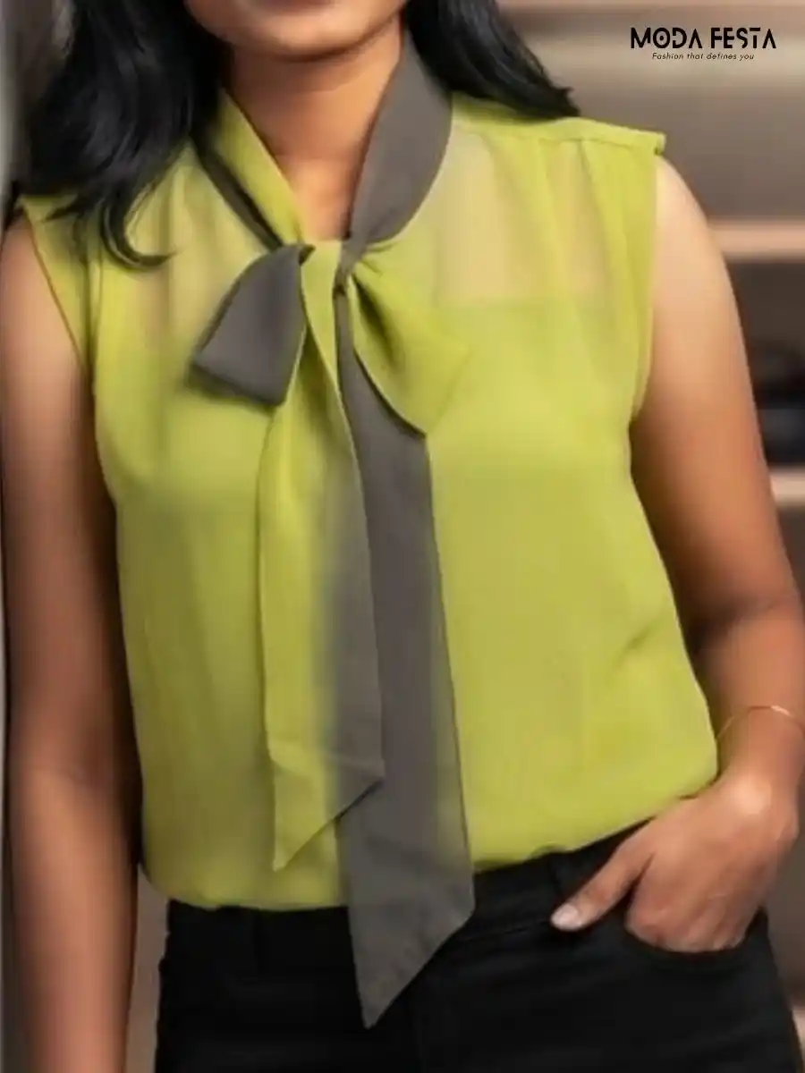 ModaFesta -lime-green-chiffon-bow-neck-sleeveless-top