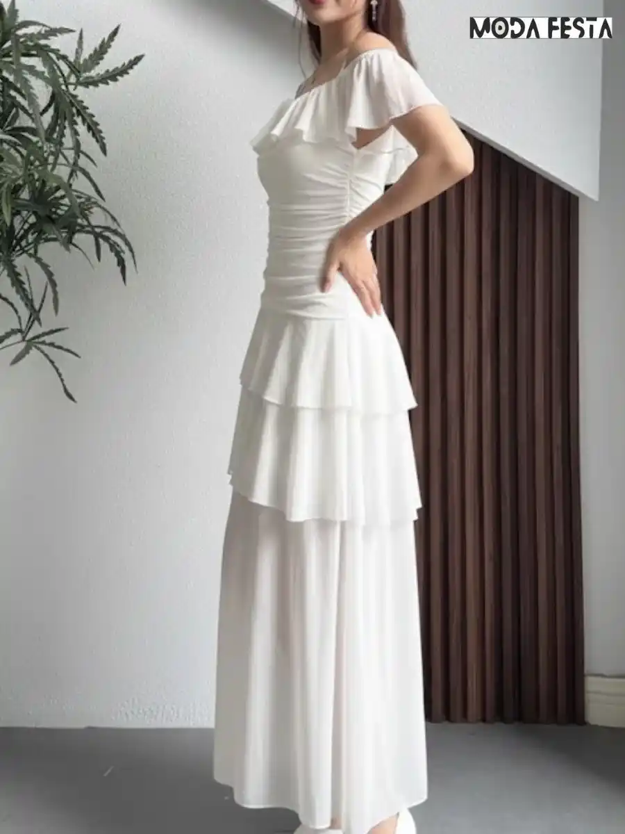 ModaFesta -elegant-spaghetti-strap-ruffle-dress-beige