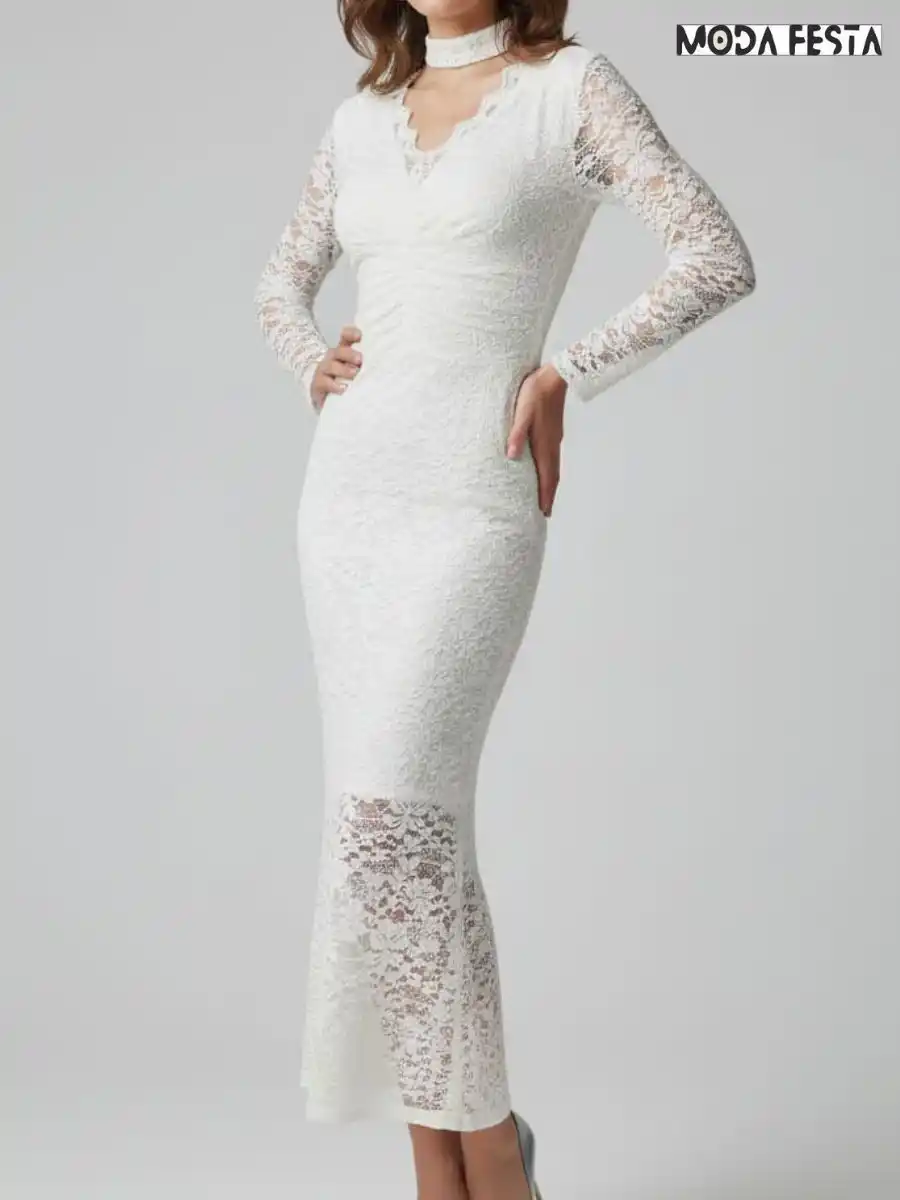 ModaFesta -elegant-v-neck-bodycon-lace-dress-white