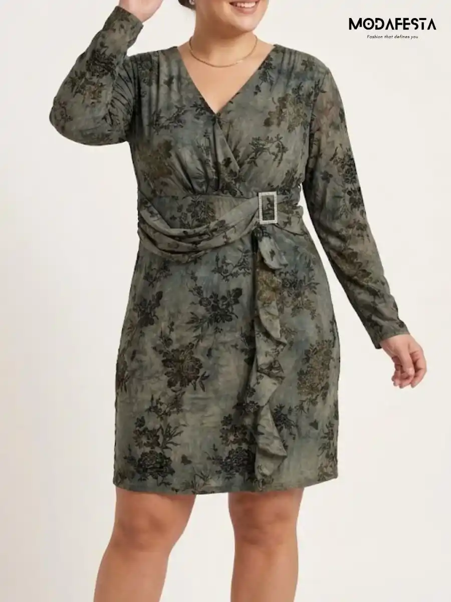 ModaFesta -elegant-floral-v-neck-velvet-short-dress-green