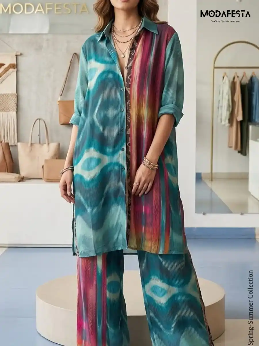 Elegant Teal Abstract Print Chiffon Coord Set