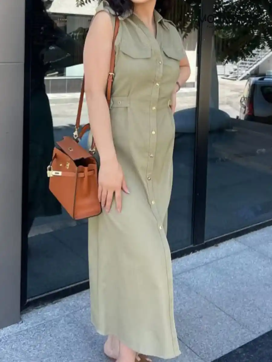 ModaFesta -elegant-linen-blend-dress-olive-green