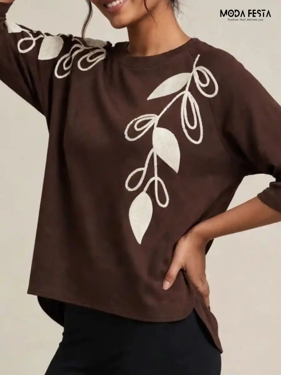ModaFesta -elegant-brown-embroidered-leaf-motif-top