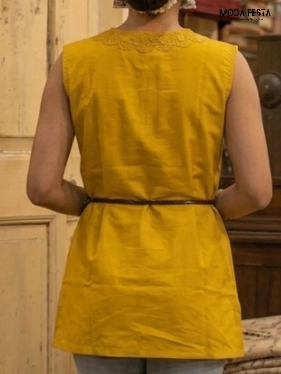 ModaFesta -mustard-yellow-sleeveless-tunic-with-lace-trim