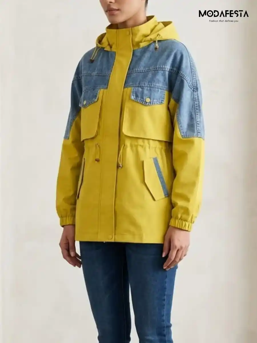 ModaFesta -elegant-denim-with-parachute-fabric-hoodie-jacket-neon-green