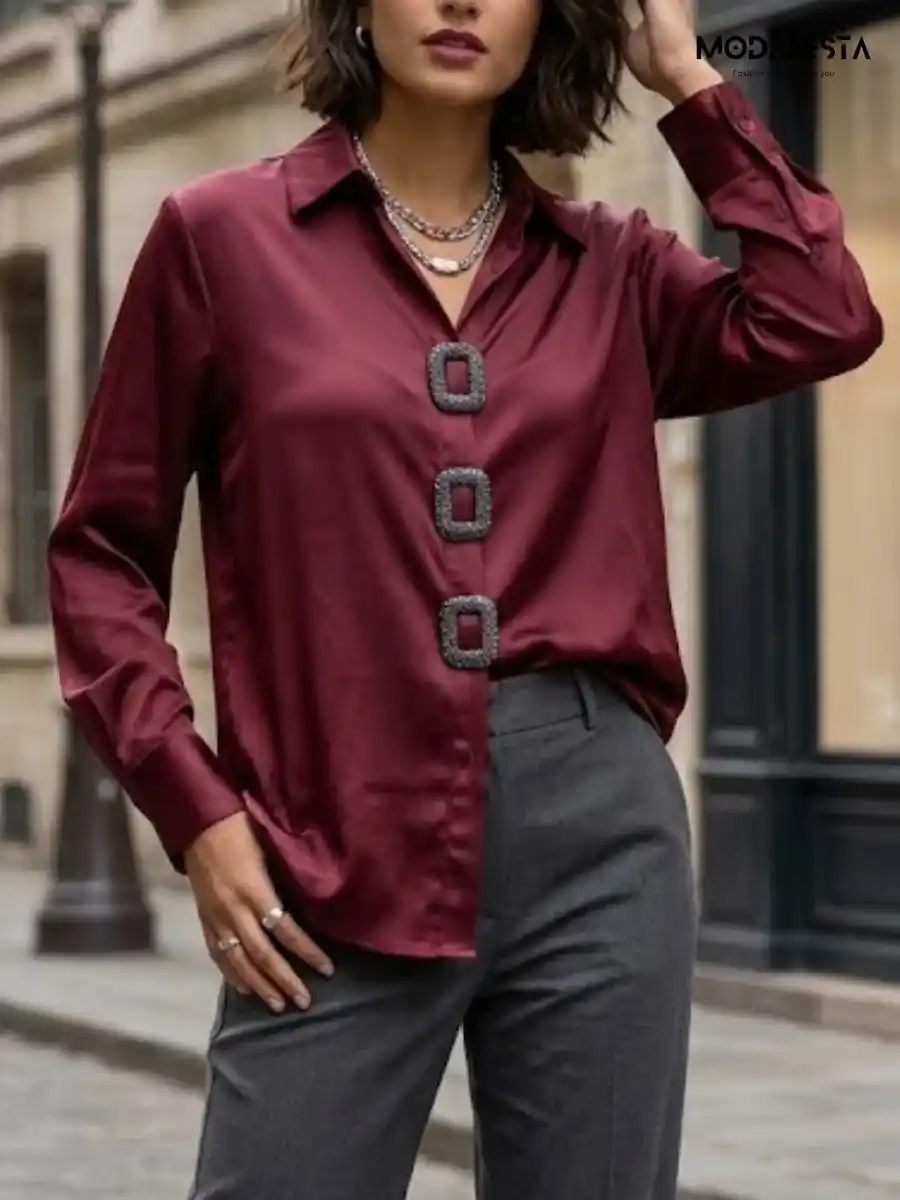 Elegant Rhinestone Buckle Satin Shirt