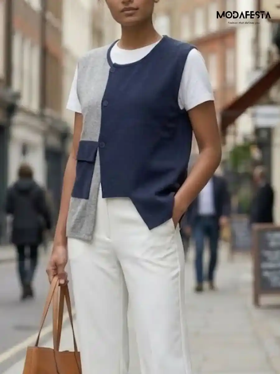 ModaFesta -elegant-knit-vest-two-tone-design-top-navy-blue